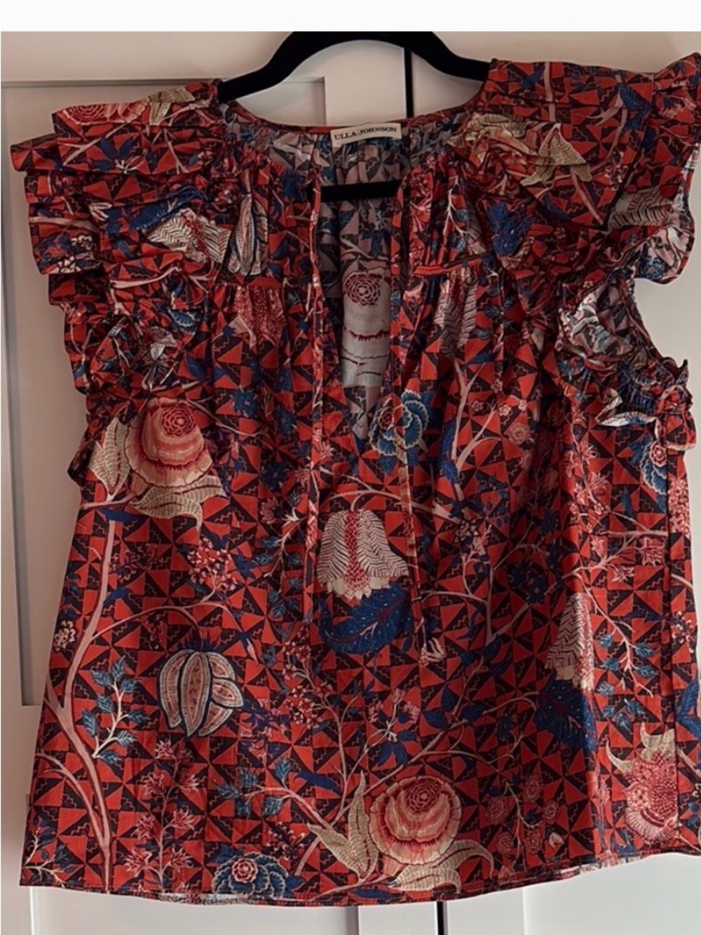 Ulla Johnson Red Floral Tie-Neck Ruffle Blouse